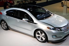 The Chevy Volt, an electric car that GM says will go 40 miles on an electric charge, is on display at the Washington Auto Show, on Jan. 26, 2010.