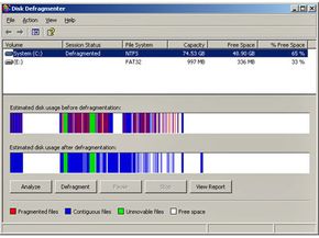 Windows XP碎片整理程序提供了一个视觉显示减少分散的文件。请注意,几乎没有红线在底部表示。”border=