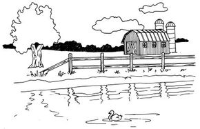 Learn how to draw this barn and pond landscape.