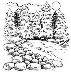 A mountain stream meets a cluster of majestic pines. Learn to draw the beautiful mountain stream landscape in five steps.