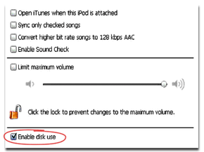 To uncover song files in your iPod, first select to Enable Disk Use.