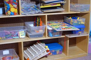 Shelves of toys.