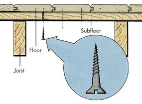 Squeaks between subflooring and flooring can often be eliminated using wood screws to pull layers together.