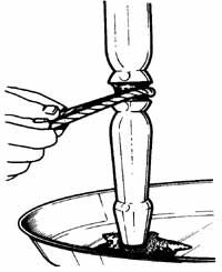An illustration of a person using a string to remove pain from a crevice on a table leg.