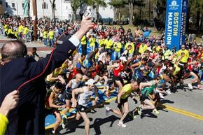 The elite men start the 114th running of the Boston Marathon in Hopkinton, Mass., Monday, April 19, 2010.