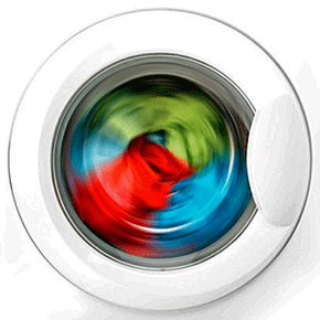 Brighlty colored clothes spinning around in a washing machine.