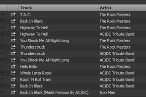 screen capture of Spotify song list, AC/DC cover songs