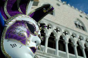 A carnival mask on display at the Piazza San Marco in Venice.  