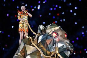 Singer Katy Perry performs an 'Illuminati-themed' show during half-time at Super Bowl XLIX, 2015.