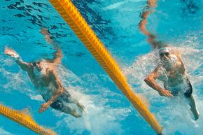 Russia's Alexander Sukhorukov (right), and Britain's Ross Davenport (left) swim a Men's 200m freestyle heat at the Swimming European Championships in Budapest, Hungary, on Aug. 10, 2010.