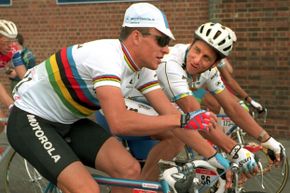 Before the controversy: LeMond and Armstrong chatting during the fifth stage of the 1994 Tour de France.