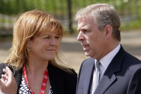 Sarah Ferguson and Prince Andrew awaiting their daughter Princess Beatrice at the finish line of the Virgin London Marathon in April 2010.