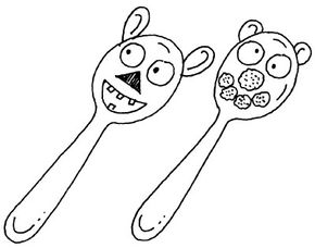 Playful plastic spoon puppets.