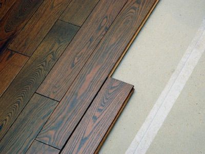 A hardwood floor installation in progress.