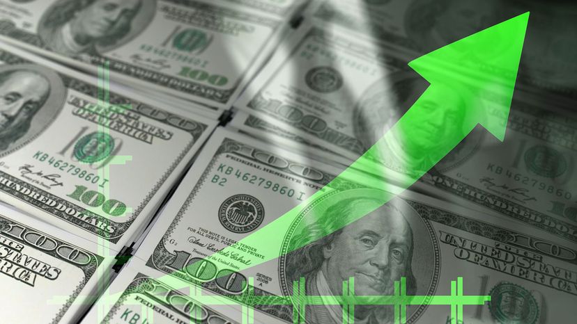 Economy graph: green rising arrow and dollar bills