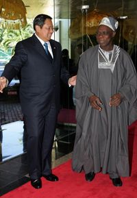 Indonesian President Susilo Bambang Yudhoyono (left) greets Nigerian President Olusegun Obasanjo as they meet to discuss the future of developing nations. The economic growth of those nations is one reason to invest in an international stock fund.