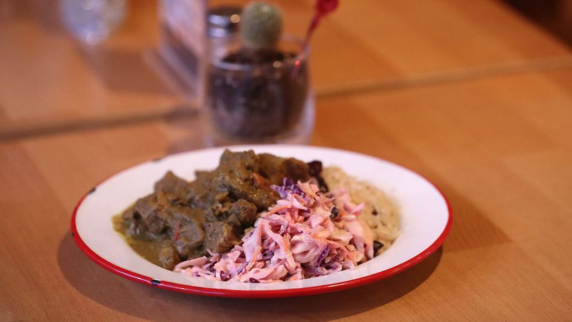 Curry goat, rice and peas