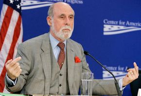 Vinton Cerf, vice president of engineering at Google, speaks on behalf of his company at a debate on net neutrality at the Center for American Progress.
