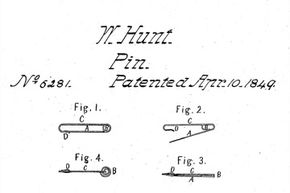 Some of the drawings from Walter Hunt's original patent for the first safety pin