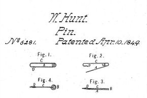 一些图纸的沃尔特·亨特的原始专利第一安全别针”border=