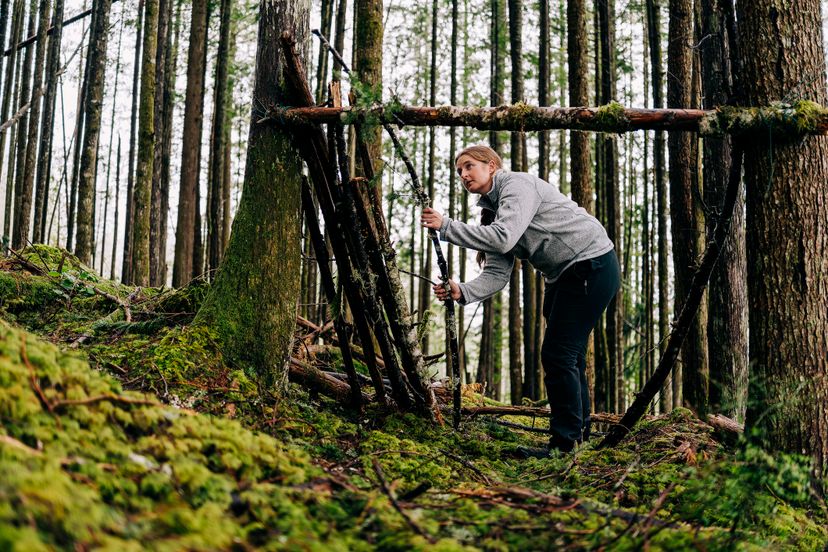 Squamish, BC, Canada - March 23, 2022: A woman places logs onto a lean-to survival shelter in a temperate rainforest on March 23, 2022.
A lean-to is a classic shelter used by survivalists in forested areas such as those in The Pacific Northwest and British Columbia's Coast Mountains.