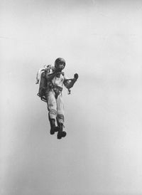 High school student Peter Kedzierski flying with the rocket belt during the International Trade Fair.