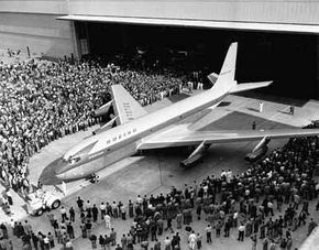 The revolutionary Boeing 367-80 rolled out to an appreciative crowd on May 14, 1954. The 367-80 was used by Boeing as a test aircraft for many years, paving the way for the 707 airliner and the KC-135 tanker. See more pictures of flight.
