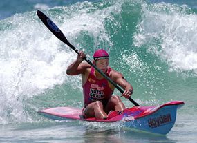 Steven Meredith in action during the men's Surf Ski race at the National Surf League competition held at Surfers Paradise Beach on the Gold Coast, Australia.