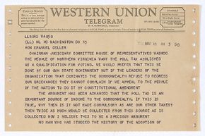 奥古斯都·c·约翰逊的电报,来自弗吉尼亚的民主党国会候选人敦促众议院司法委员会主席把anti-poll税款1950年代前后在众议院投票表决。”border=