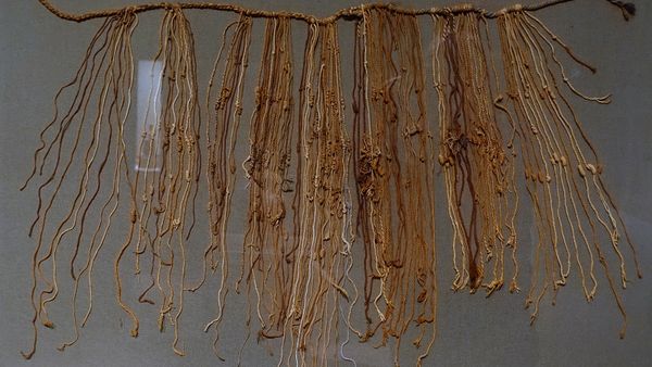 Close-up of string craft hanging in nature.