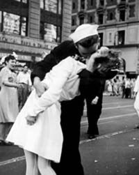 This famous photograph captures a celebratory kiss in New York City's Times Square at the end of World War II.