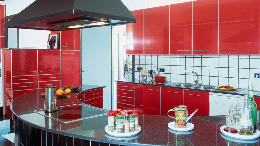 red kitchen with hood