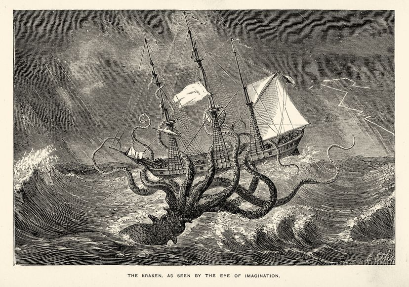 A Kraken attacks a large ship.