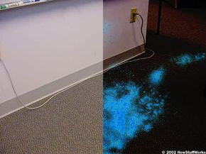 A simulation of luminol at work: Before spraying luminol, there's no sign of blood. After spraying luminol, the latent blood traces emit a blue glow.
