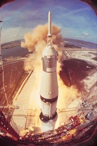 Apollo 11 lifted off aboard the powerful Saturn V rocket. 