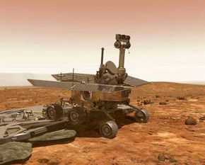 An artist's rendering of one of the two Mars Exploration Rovers, Spirit and Opportunity. Both were easier to land than human-accessible landing vehicles because they're so lightweight.
