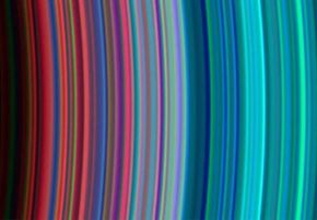An ultraviolet imaging spectrograph took this picture of Saturn's C rings (left) and B rings (right). The red bands indicate &quot;dirty&quot; particles while cleaner ice particles are shown as turquoise in the outer parts of the rings.