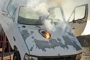 The Lockheed Martin ATHENA laser weapon system defeats a truck target by disabling the engine, demonstrating its military effectiveness against enemy ground vehicles.