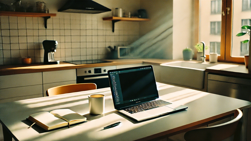 Sunlight coming in through kitchen window with laptop on table