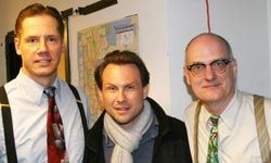 Christian Slater visits with actors portraying Bill Wilson (left) and Robert Smith (right) in the off-Broadway play
&quot;Bill W. and Dr. Bob.&quot;