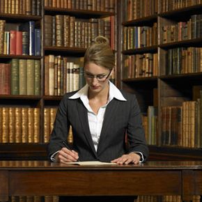 Woman in law library.