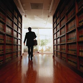 Man leaving law library.