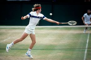 John McEnroe stretches to return volley to Bjorn Borg in the 1981 Wimbledon men's single's final.