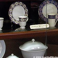 Display of various china patterns in the Lenox lobby. See more Lenox pictures.