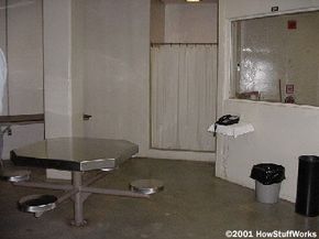 Just outside the death-watch cell at North Carolina's Central Prison. Some inmates are allowed to spend time in this area. Their last meal is served at this table.