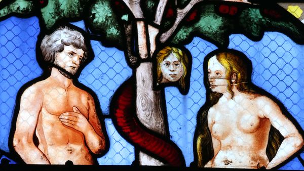 Adam, Eve and Lilith, stained glass
