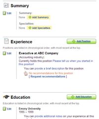 LinkedIn summary, experience and education page