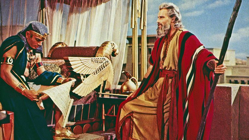 Yul Brynner (L) as Pharoah and Charlton Heston (R) as Moses are shown in this lobby card from the 1956 movie &quot;The Ten Commandments.&quot; LMPC via Getty Images