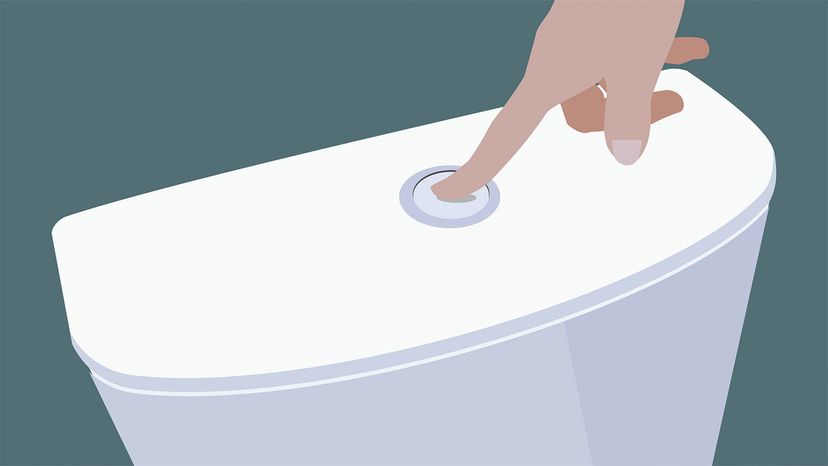 An illustration of a person's hand pushing the flush button on a low-flow toilet.