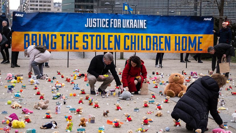 Thousands of teddy bears on display at a protest in Brussels in February 2023 represented abducted Ukrainian children.